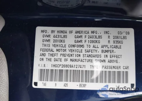 2009 Honda Accord 2.4 Ex-L from USA, damaged, VIN 1HGCP26809A127471